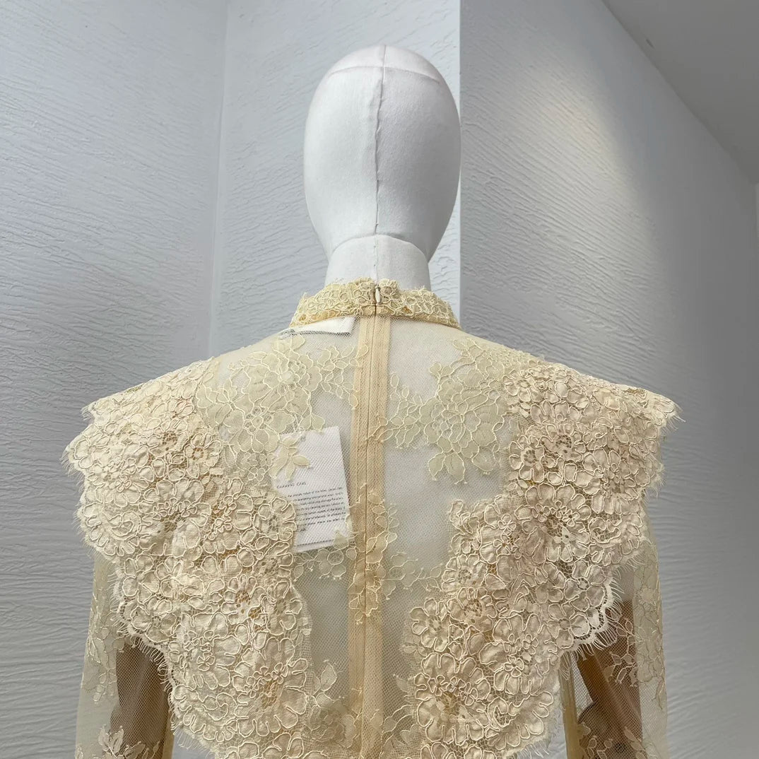 2025 New Fashion Beige Lace Patchwork Long Sleeve Blouse Tops Lady