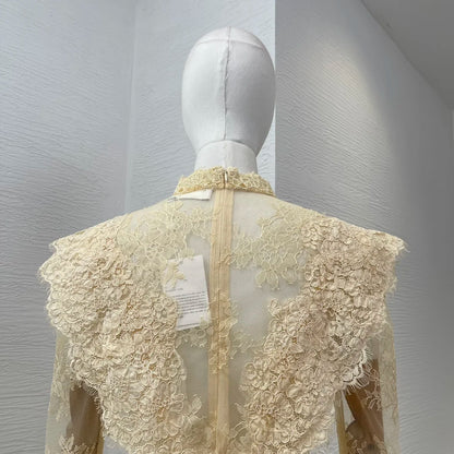 2025 New Fashion Beige Lace Patchwork Long Sleeve Blouse Tops Lady