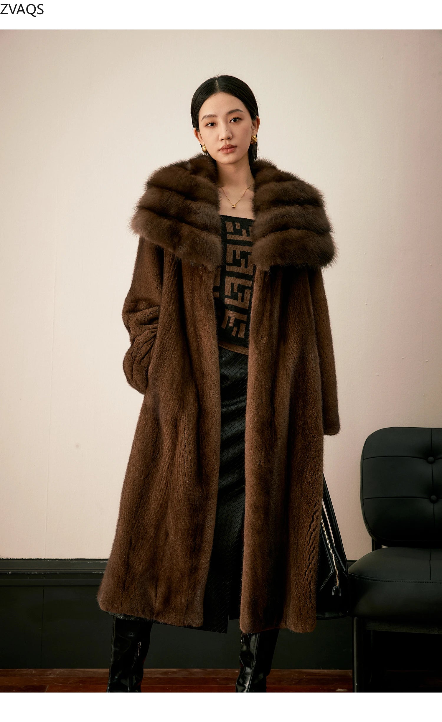 ZVAQS Natural Coffee Mink Fur Coat Women Fashion Long Fur Jacket Winter Luxury Clothes Old Money Style Outerwears 2024 Fourrure