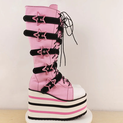 Canvas red Check Platform Knee high Boots Women Metal Chain Round Toe Wedges Cross Tied Lolita Heighten Shoes Lovely Sexy Boots