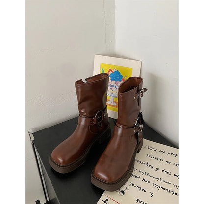 British style brown thick heeled women's 2025 new summer retro western cowboy boots thick soled knight boots
