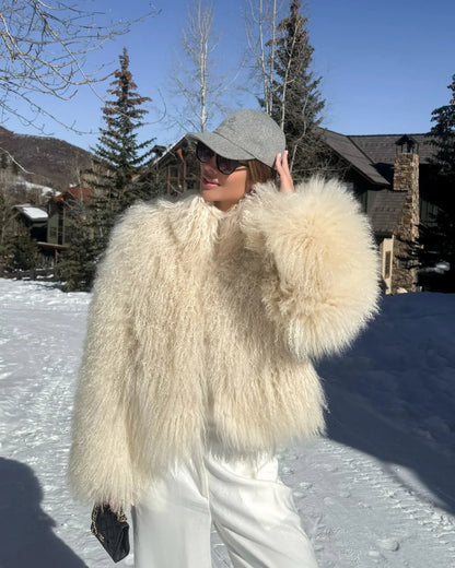 Casual Creamy-white Thick Faux Fur Short Coat Women Long Sleeve Turn Down Collar Warm Soft Jacket Female Winter Daily Outerwear