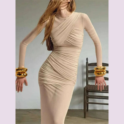 Elegant Mesh Patchwork Long Dresses Bodycon Package Hip Party Club Evening Dress Sexy Double Layer Perspective Vestidos Clothing