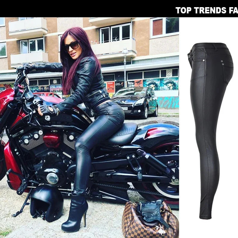 Women Skinny Leggings PU Leather Pencil Pant Ankle Split Side Latex Faux Leather Bodycon Sexy Trousers Soft Female Trouser