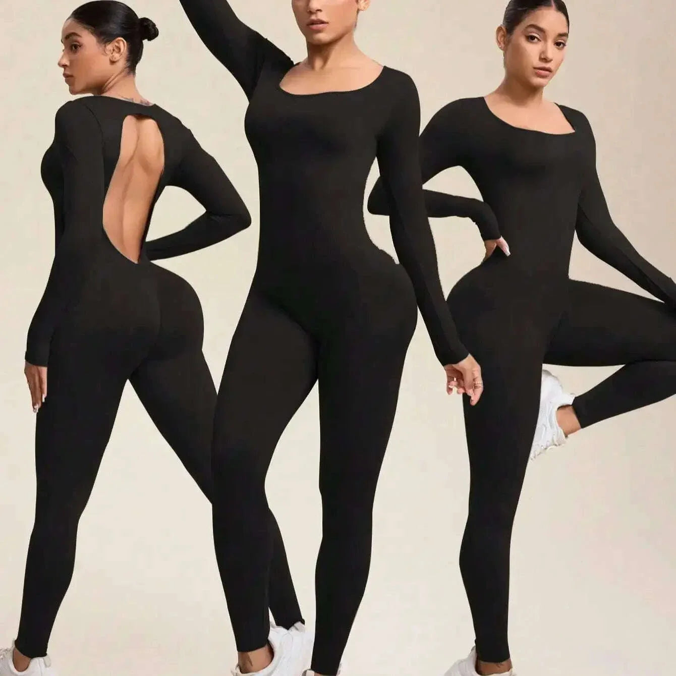 Women Jumpsuits Long Sleeve Sexy Backless Bodycon Rompers Scrunch Butt V Back Playsuit Workout Bodysuit