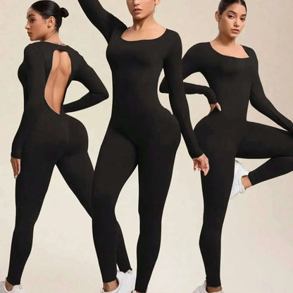 Women Jumpsuits Long Sleeve Sexy Backless Bodycon Rompers Scrunch Butt V Back Playsuit Workout Bodysuit