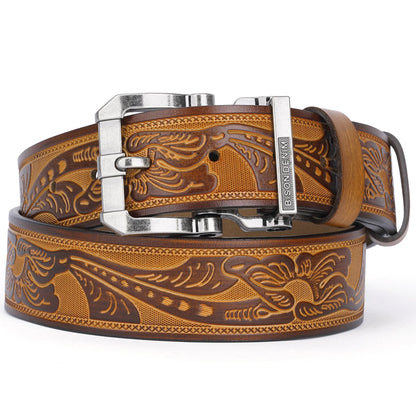 BISON DENIM Cowhide Retro Printed Men Belt Genuine Split Leather Alloy Pin Buckle Belt Casual Western Cowboy Style Belt For Men