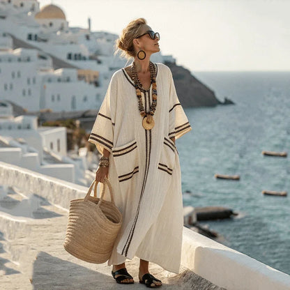 Summer Elegant Loose Long Dresses for Women New Casual V Neck Short Sleeve Geometric Printing Splicing Pocket Loose Waist Dress - Kimlud