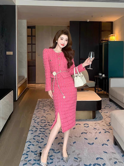 Autumn Fashion Rose Red Woolen Two Piece Set Women Golden Button Chain Belt Tweed Short Jacket Coat+Split Midi Skirt Suit