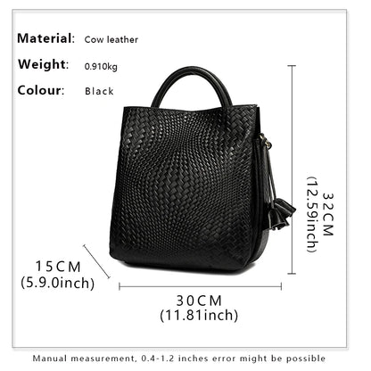 Fashionable and luxurious woven pattern casual versatile black woven pattern daily commuting cowhide women's handbag
