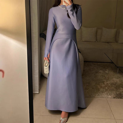 Ladies Elegant O-neck Long Sleeve Party Dress Women Fashion Splicing Hight Waist Evening Dress Casual Draped Solid Long Dresses