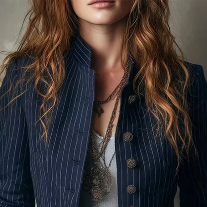 American Style Slim Fit Stripe Jacket Outerwear Lady Autumn Fashion Elegant Stand Collar Single Breasted Coat For Women Top