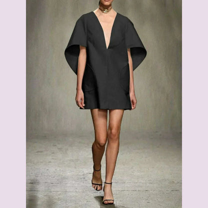 Yeezzi Fashion Black White Color Short Dress For Women 2024 New Spring Deep V-neck Half Sleeves Loose Prom Party Mini Dresses