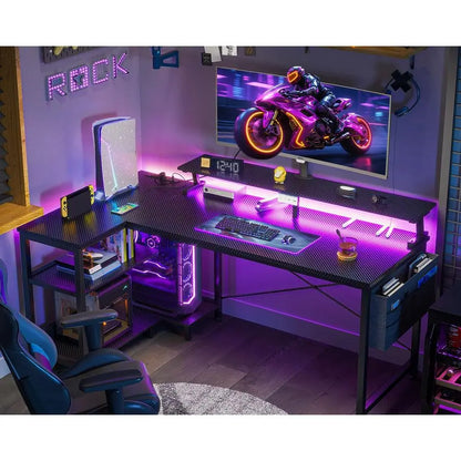48 Inch Gaming Desk with USB Charging Ports and LED Lights, Reversible L Shaped Computer Desk with Storage Shelves amp Monitor