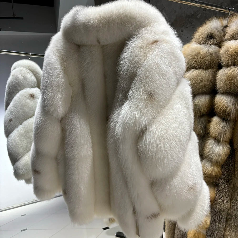 YOLOAgain Women's Luxury White Fox Fur Coat 2024 Winter Warm Real Fox Fur Jacket