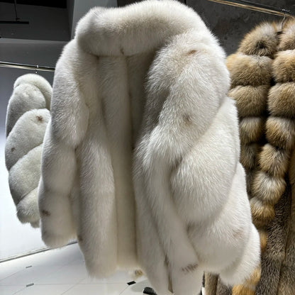 YOLOAgain Women's Luxury White Fox Fur Coat 2024 Winter Warm Real Fox Fur Jacket