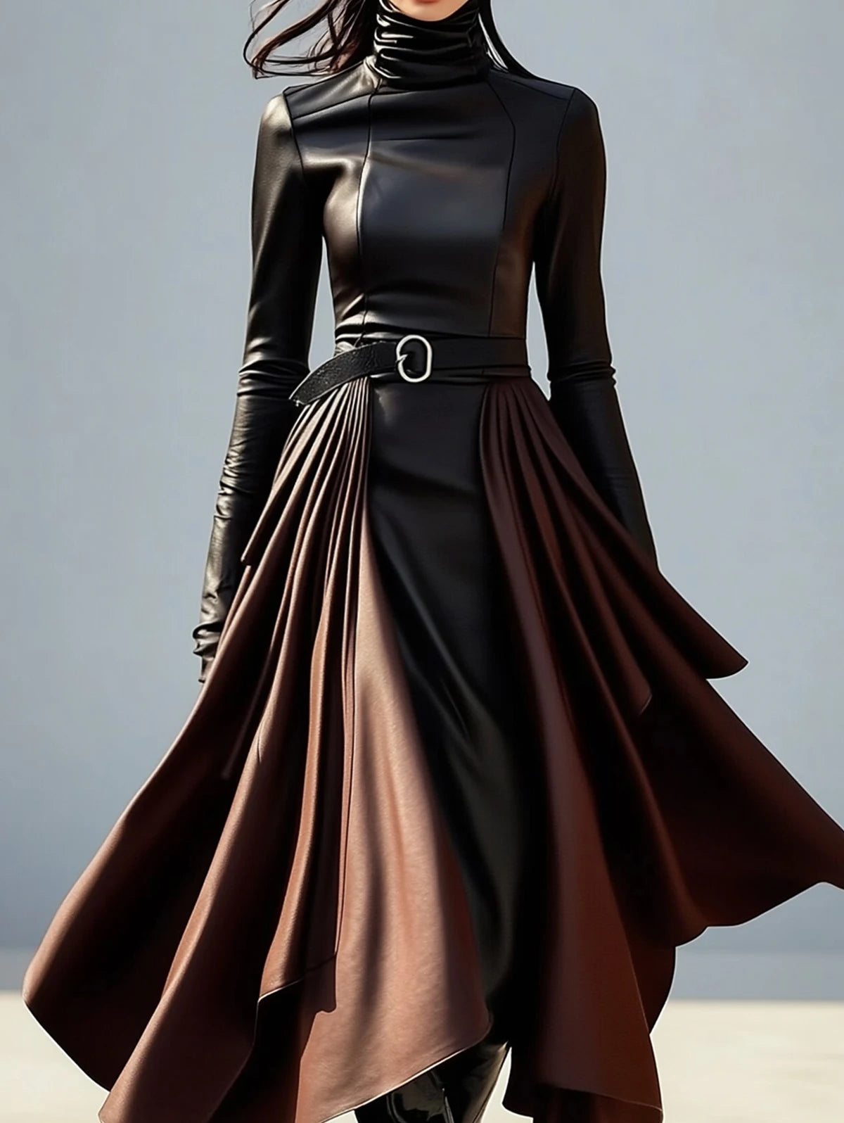 Elegant Women's PU Leather High Neck Midi Dress Slim Fit Belted Irregular Hem Fashion Party Wear One Piece New Style