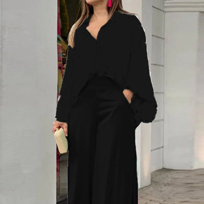 Fashion Print Set Women Casual Long Sleeve Button Shirt+Pockets High Waist Wide Leg Pants Office 2 Piece Sets Lady Spring Summer