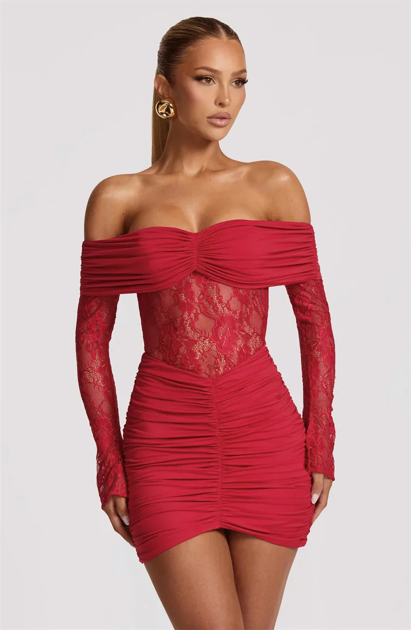 Mozision Off-shoulder Strapless Backless Sexy Mini Dress Women Gown Elegant Lace See Through Long Sleeve Ruched Club Party Dress