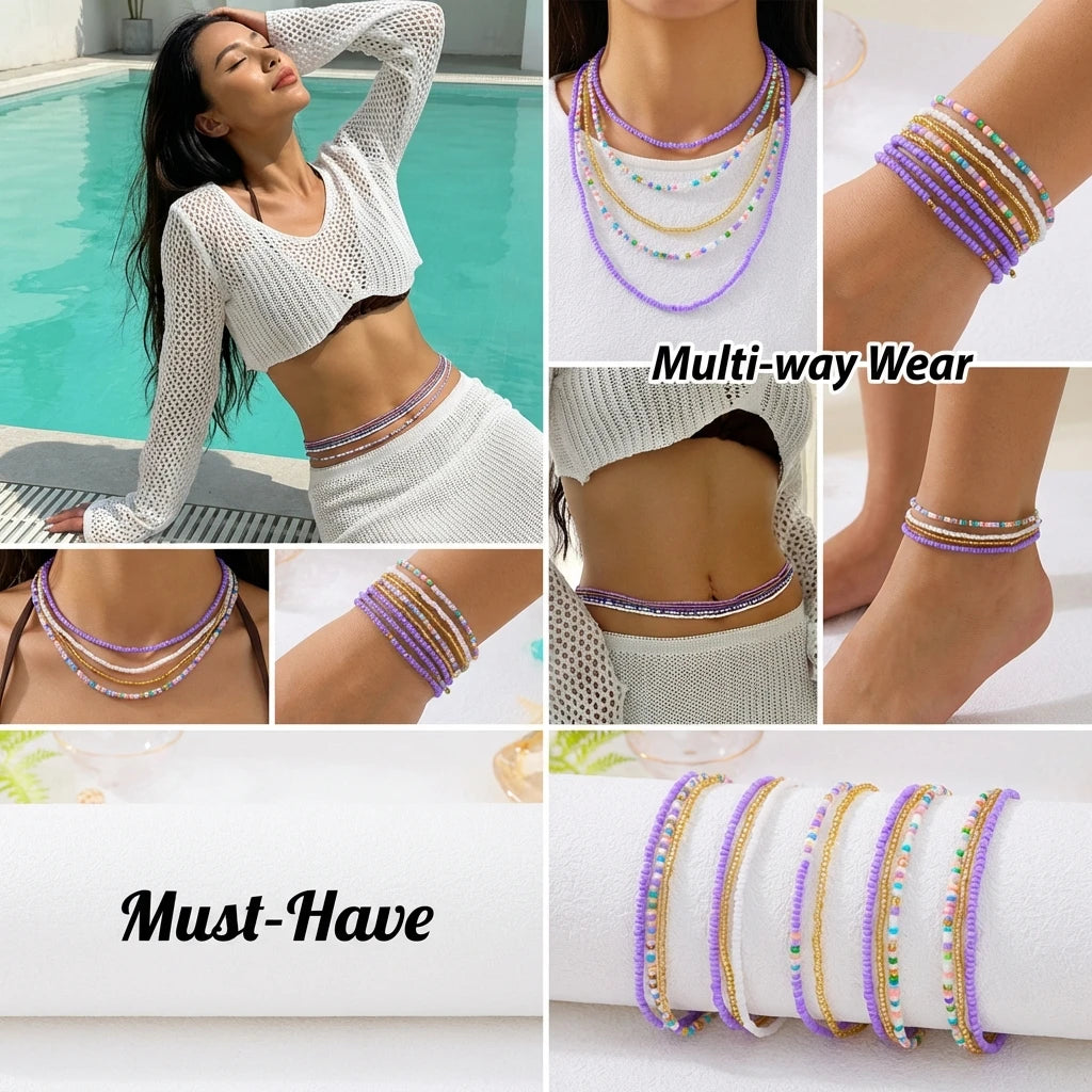 5Pcs/Set Boho Colorful Rice Beads Waist Chains For Women Girls Summer Beach Bikini Elastic Belly Belt Waistband Y2K Jewelry Gift - Kimlud