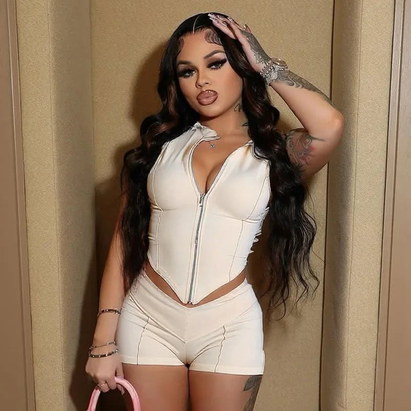Women Clothes Sets Line Stitching Sleeveless Zip Cropped Tank Top and Shorts Set Classy Sexy Tight Y2k Night Out 2 Piece Outfits
