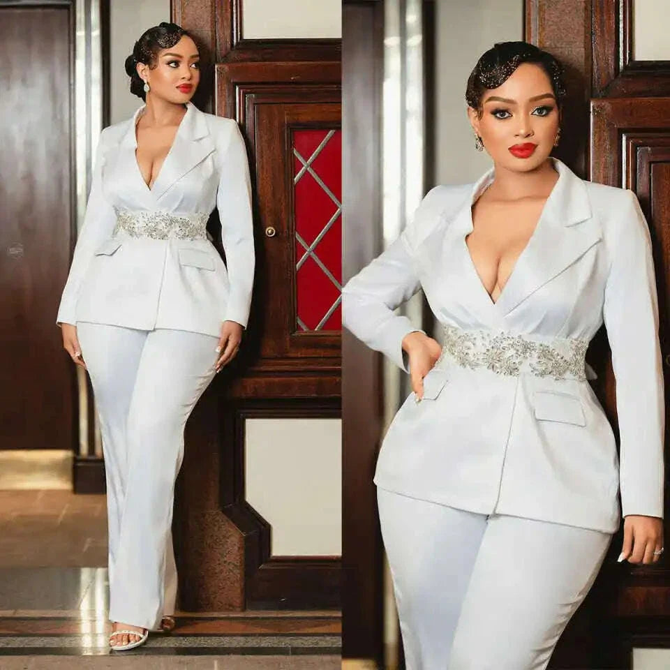 Plus Size Women Pants Suits Slim Fit Lady Customized Pearls Beading Blazer With Belt Prom Evening Party Blazer 2 Pieces