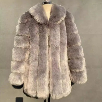 2025 Winter Women's Mid-Length Faux Fox Fur Coat Plush Luxe Warm faux fur Trench Elegant Thermal Outerwear Faux Fur Tops