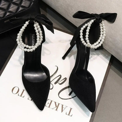Black Women's Pumps   Summer New Brand Design String Bead Pearls Wedding Bridal High Heels Sexy Pointed Toe Party Dance Shoes