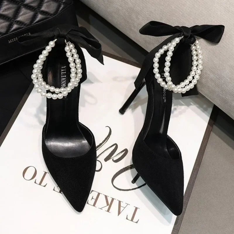 Black Women's Pumps   Summer New Brand Design String Bead Pearls Wedding Bridal High Heels Sexy Pointed Toe Party Dance Shoes