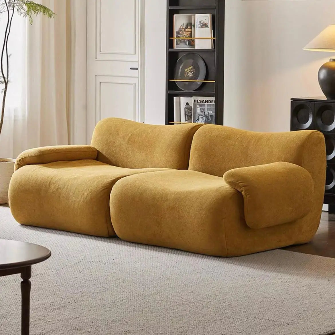 Vacuum-Compressed Modular Sofa, Wabi-Sabi Sherpa Fabric Sectional with High-Elastic Foam, Cream Mid-Century Style, Space...