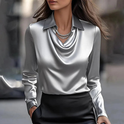 Elegant Women's Satin Shirt Blouse New Print V-neck Swing Neck Long-sleeved Solid Color Loose Shirt Casual Top Office Ladies