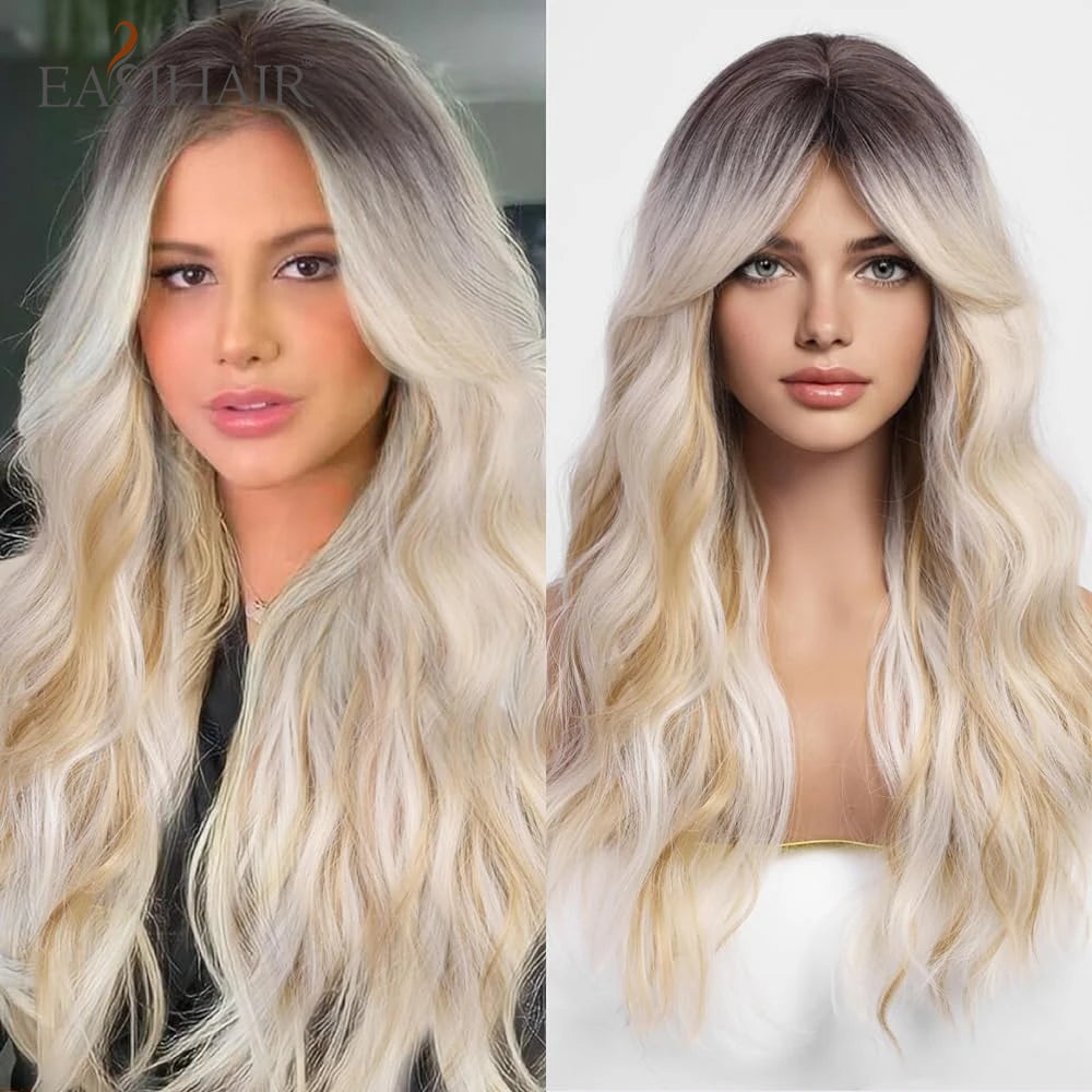 EASIHAIR Sandy Blonde Golden Wavy Synthetic Wigs with Long Bangs Cosplay Lolita Party Hair Wigs for Women Natural Heat Resistant
