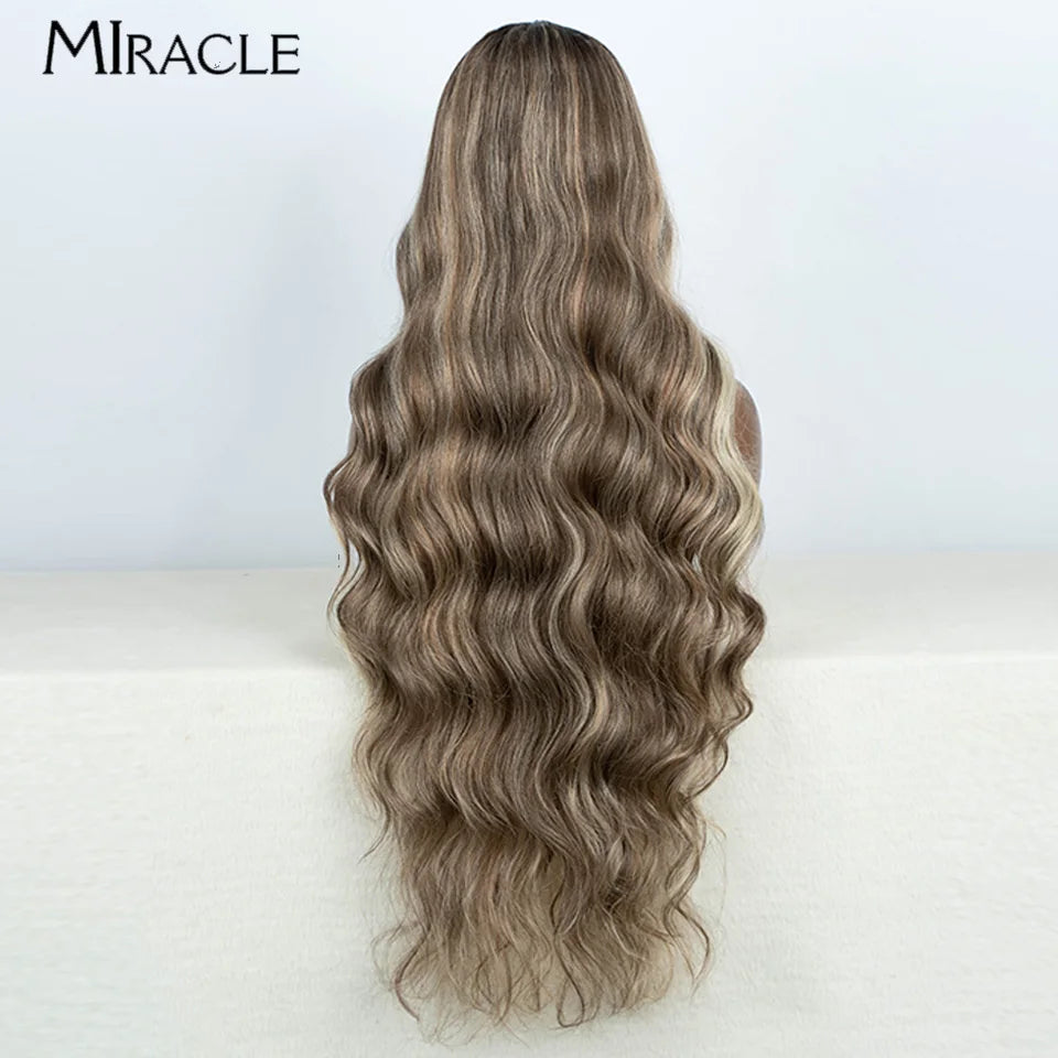 MIRACLE Synthetic 34 Inch Lace Front Wig for Women Ombre Blonde Loose Wave Wigs Famale Cosplay Wig Long Lace Wigs Wavy Fake Hair