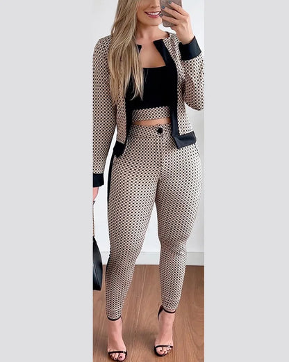 Fashion Slim Print Suit For Women Short Style Vest Long Sleeve Cardigan Elastic Waist Trousers Three-piece Set 2024 Autumn New