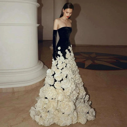 Sharon Said Luxury Dubai Black Velvet Strapless Evening Dress with Gloves 3D Flowers Women Wedding Party Gowns SS248 Customized