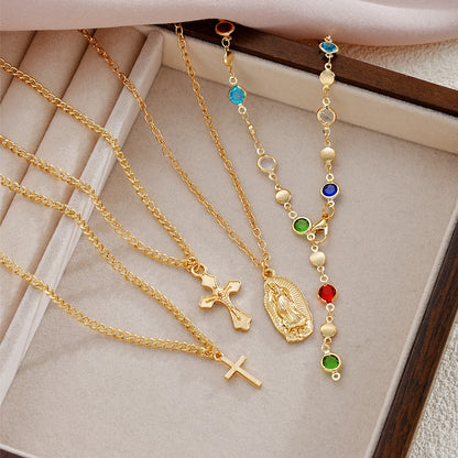 4Pcs/Set Cross Colorful Crystal Necklaces For Women Simple Gold Silver Color Y-Shaped Pendant Necklace Set New Christian Jewelry