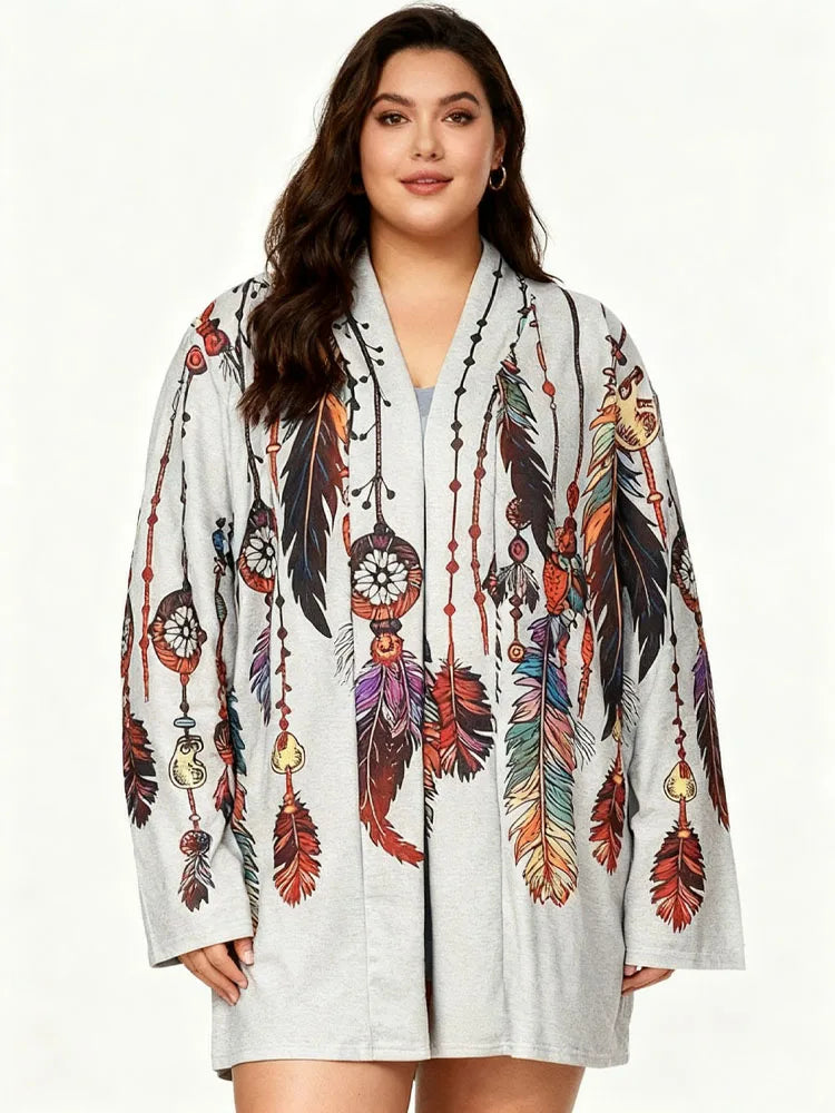 Clearance Plus Size Ethnic Print Long Sleeve Top Coat Bohe Retro Mid-Length Cardigan Daily Comfortable Female Clothing On Sale