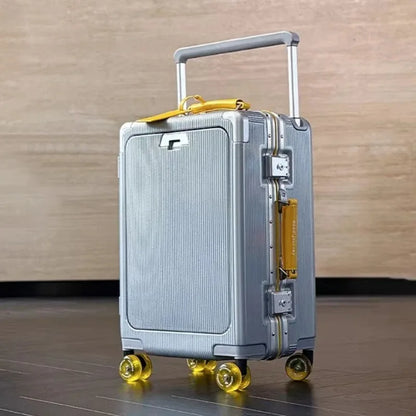 Front Opening Pocket Rolling Luggage Aluminum Frame Wide Handle Trolley Suitcase with Colorful Silent Wheels & USB Charging Plug
