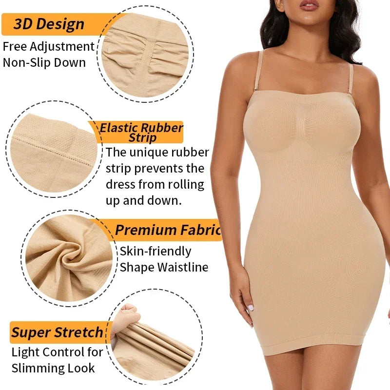 Sexy Full Slip Shapewear Women Dress Off Shoulder Bodycon Strapless Underdress Smooth Compression Body Shaper Slimming Waist