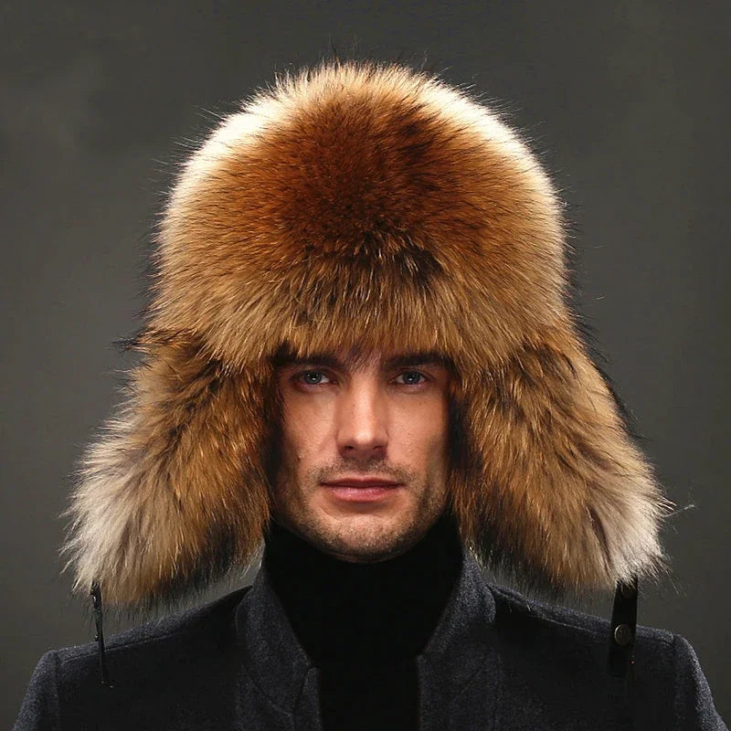 New Winter Men's 100% Real Silver Fox Fur Bomber Hat Raccoon Fur Ushanka Cap Trapper Russian Man Ski Hats Caps Real Leather Top
