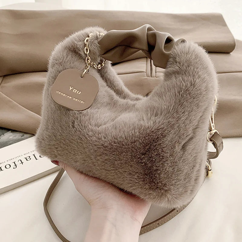 Women Faux Fur Soft Plush Handbags Ruched Handle Small Shoulder Crossbody Bag Casual Fluffy Totes Purse Winter Bags for Women