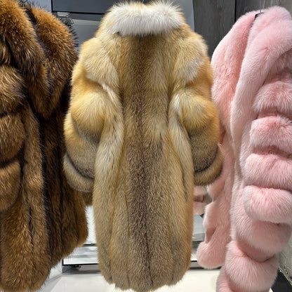 YOLOAgain Luxury Real Fox Fur Jacket Women Long Fur Coat 2025 Winter Warm