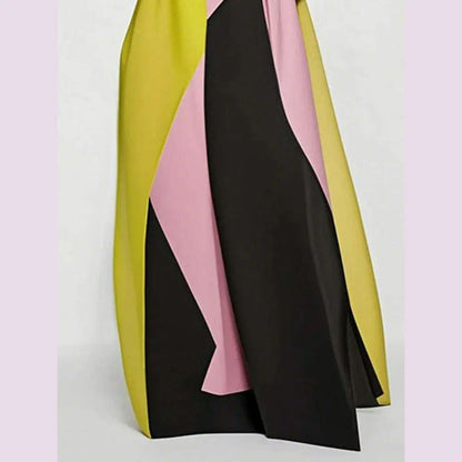 Yeezzi 2025 New Summer Vacation A-line Dress For Women Fashion Color-Block Pleated O-Neck Casual Weekend Going Out Maxi Dresses