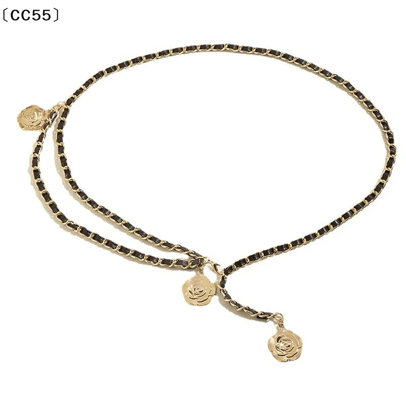 〔CC55〕Metal Waist Chain Belts Round Flower Pendant Chain Strap Rope Female Fine Waistband Dress Shirt Decora Waist...