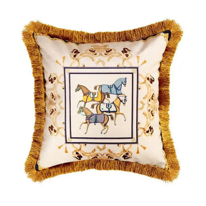 European Retro Horse Printed Pillow Cover Sofa Gold Tassel Pillowcase Velvet Fabric Cushion Cover | Kimlud Premium Pillow