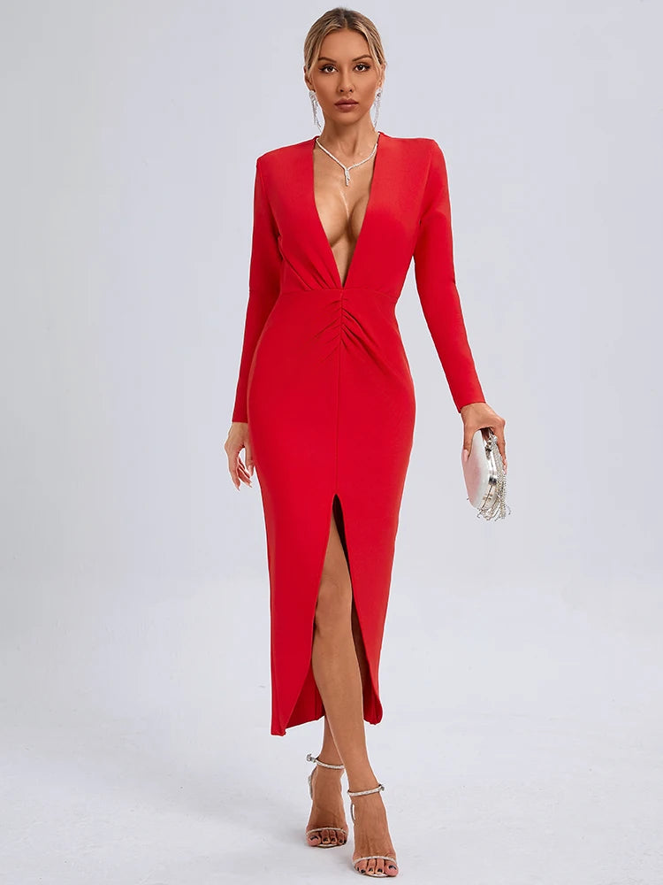 VC Sexy Red Deep V Plunge Long Sleeves Ruched Bandage Dress Women Pleated Bodycon Maxi Long Evening Party Club Gown