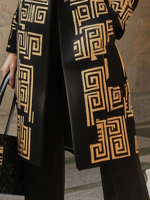 Modigirl 2026 New Spring Women's  Vintage Midi Length Coat Urban Trendy Golden Meander Print Long Jackets Pockets female