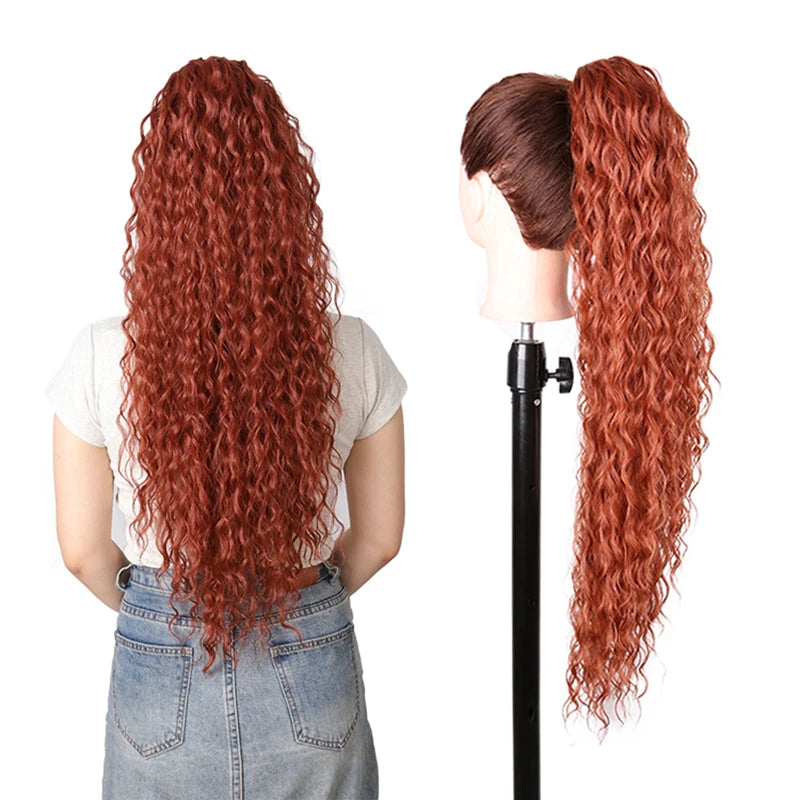 Julianna Synthetic Kanekalon Black Drawstring Water Wave Ponytail Extension Female Curly Wavy Clip In Ponytail Hair Extension