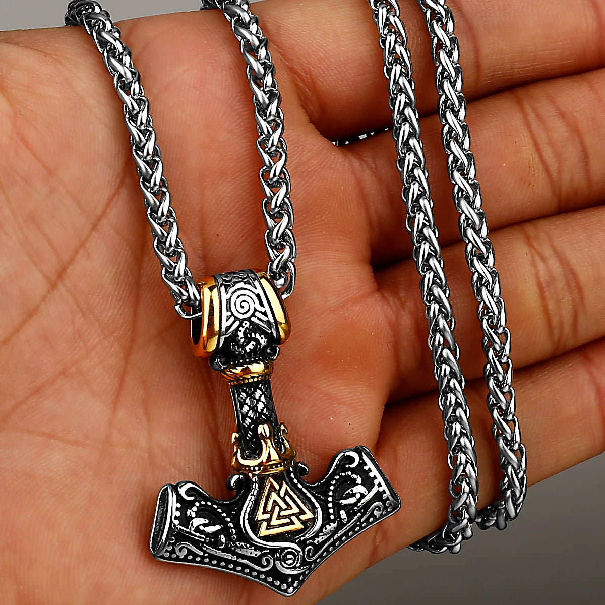 Nordic Mjolnir Valknut Rune Necklace Men's Amulet Pendant Stainless Steel Viking Scandinavian Vienna Pendant Necklace Gift