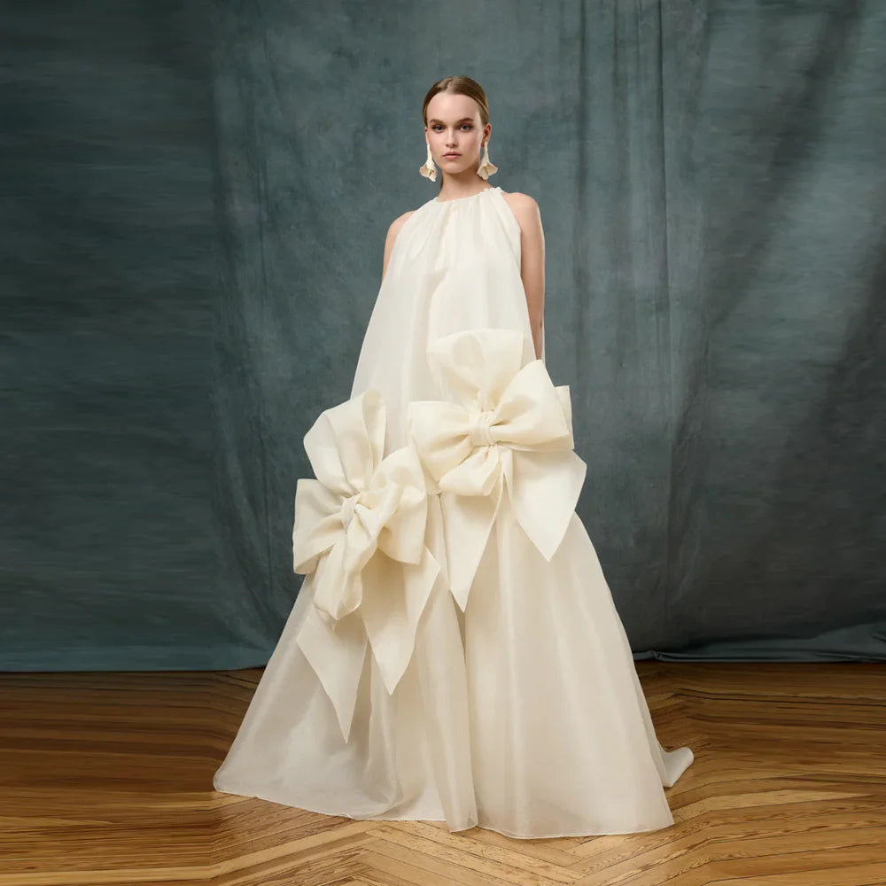 Couture Pretty Beige Organza Losse Long Formal Dresses With Big Handmade Flower Bridal Gowns Wedding Dress - Kimlud